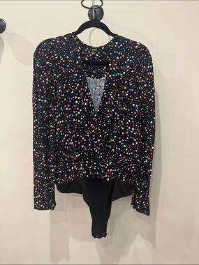 AFRM Black Multicolor Heart-Print V-Neck Bodysuit Top